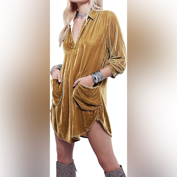 CP Shades X Free People Mustard Yellow Velvet Vneck Tunic Mini Pocket Boho Dress - Picture 6 of 15